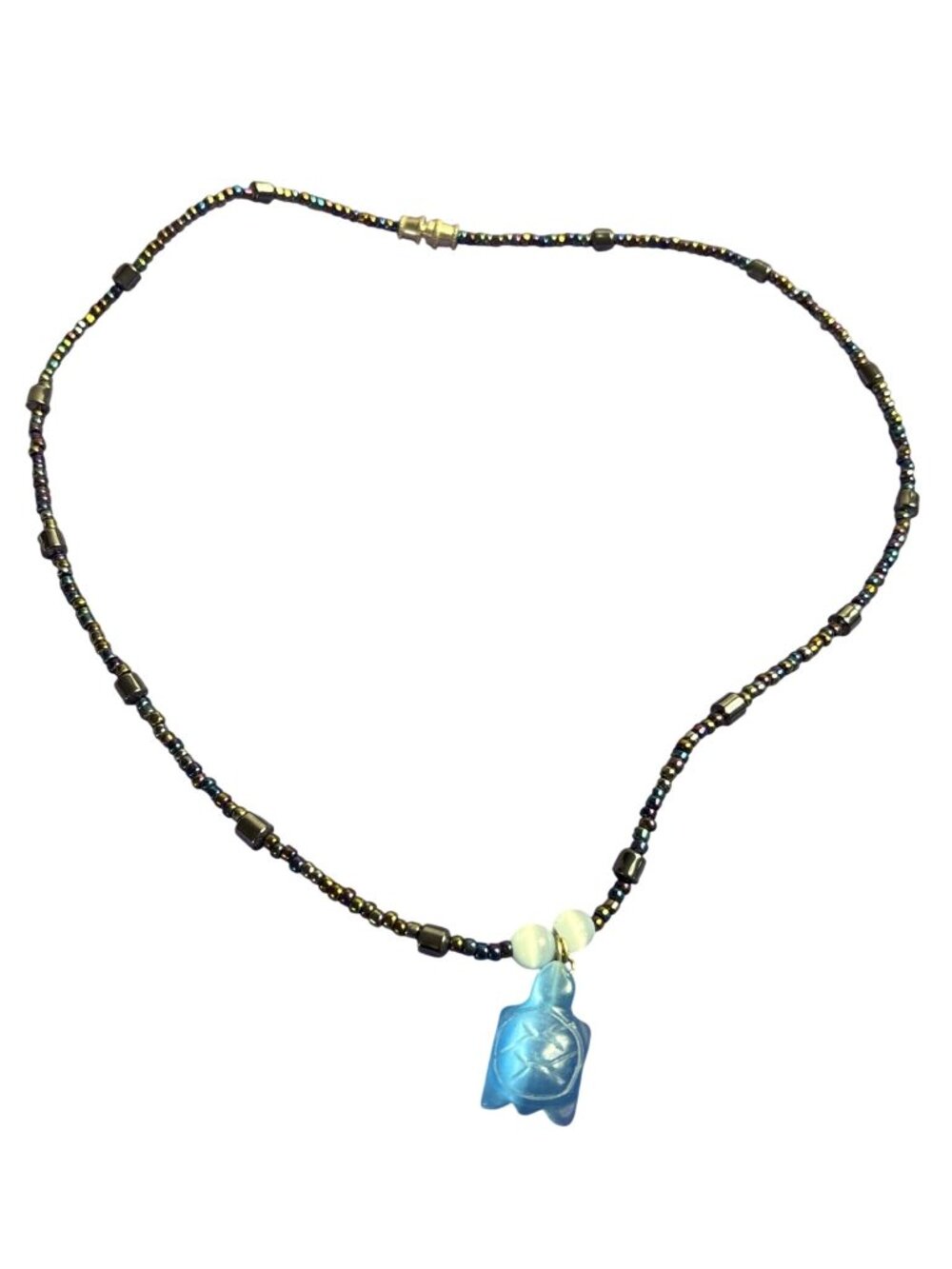 Artisan Carved Blue Cat's Eye Turtle Pendant Necklace Grey Multicolor Seed Beads
